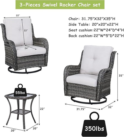 Rilyson Wicker Rocking Chair Swivel Chairs - 3 Piece Rocker Patio Furniture Set Rattan Rocking Bistro Sets with Glass Top Side Table for Outdoor Porch Deck Garden Backyard (Mixed Grey/Beige)