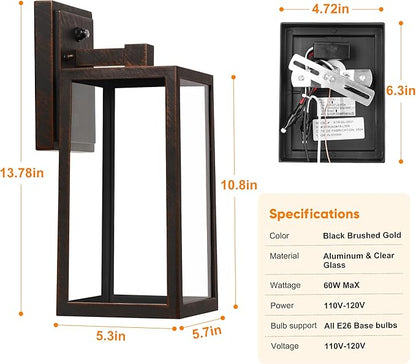 PARTPHONER Dusk to Dawn Porch Light Fixtures, Black Brushed Gold Exterior Lighting Lamp, Sensor Wall Lantern, Waterproof Outdoor Wall Sconce for House Doorway, Garage 2 Pack