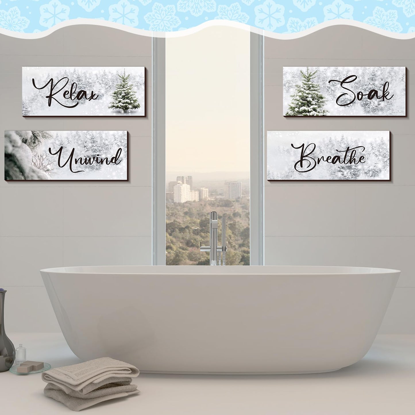 Huwena 4 Pcs Winter Bathroom Wall Decor Winter Wooden Decor Relax Soak Breathe Unwind Art Hanging Wall Pediments Rustic Xmas Wooden Sign for Xmas Home Living Room Laundry Spa(Tree)