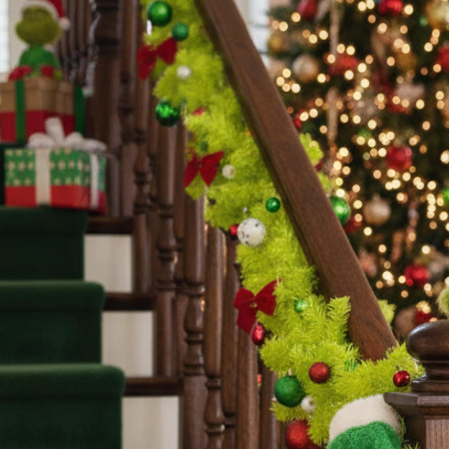Jutom 6 Feet Christmas Green Garland with Red Green Balls Xmas Tree Winding Garland Artificial Furry Stripe Accessory for Front Door Fireplace Table Centerpiece Outdoor Decor