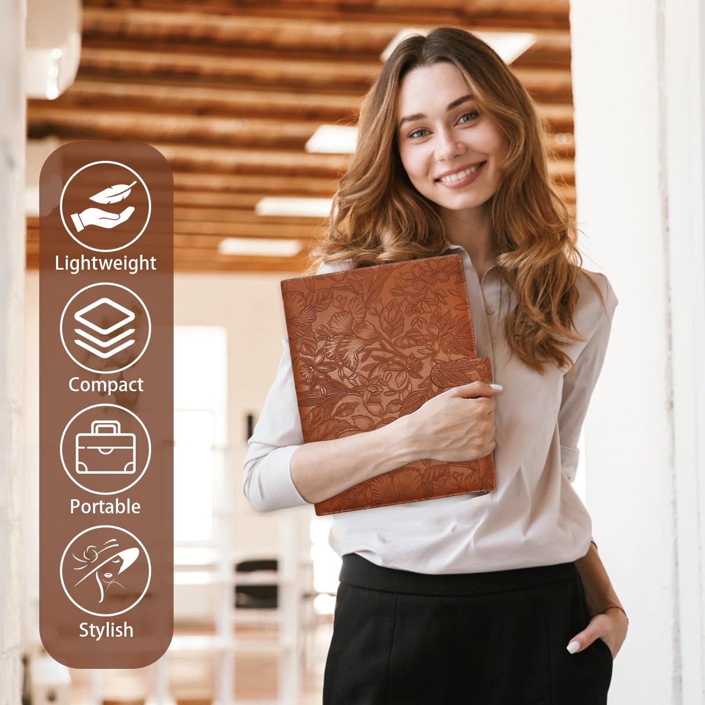 Professional Padfolio Portfolio Binder, Textured Embossing Faux Leather Folder Organizer for Letter Size Legal Pad Notepad Resume, Card Holder for Women Men Business Office Conference (Brown)