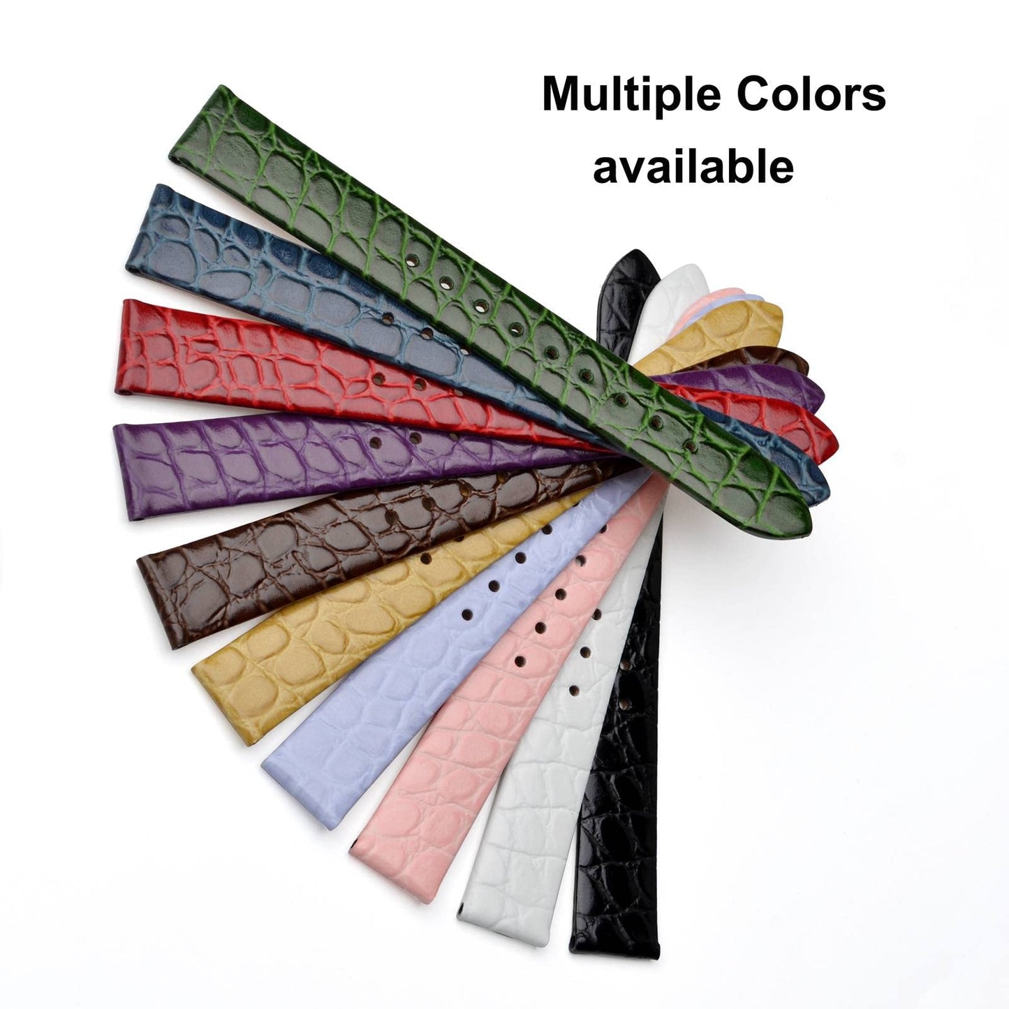 BISONSTRAP Watch Straps for Women, Crocodile Pattern Leather Thin Watch Replacement Bands,8mm, Black with Gold Buckle