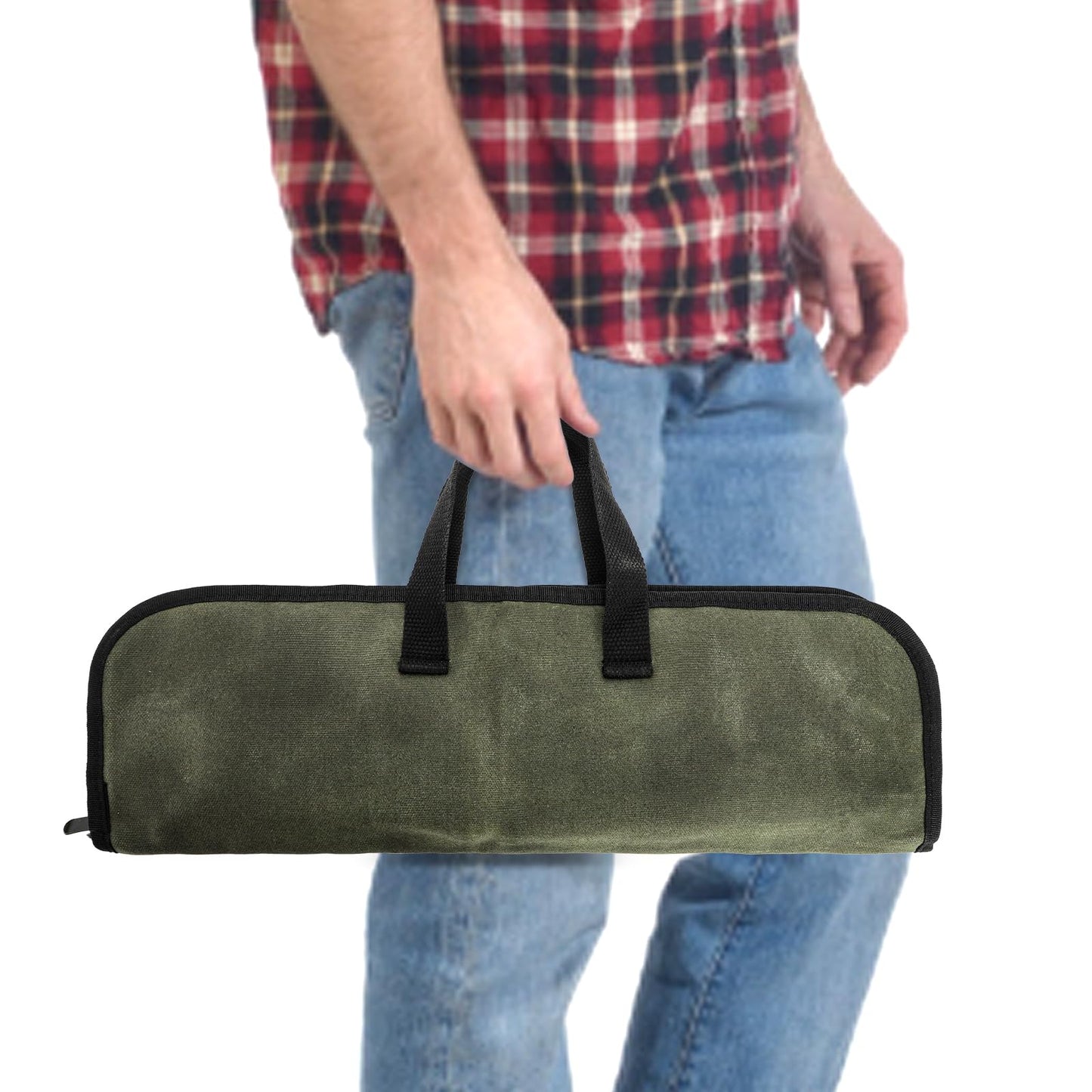 Tosnail Chef Knife Roll Bag with 4 Slots, Heavy Duty Waxed Canvas Knife Bag with Handle, Kitchen Knife Storage, Portable Knife Carrying Case