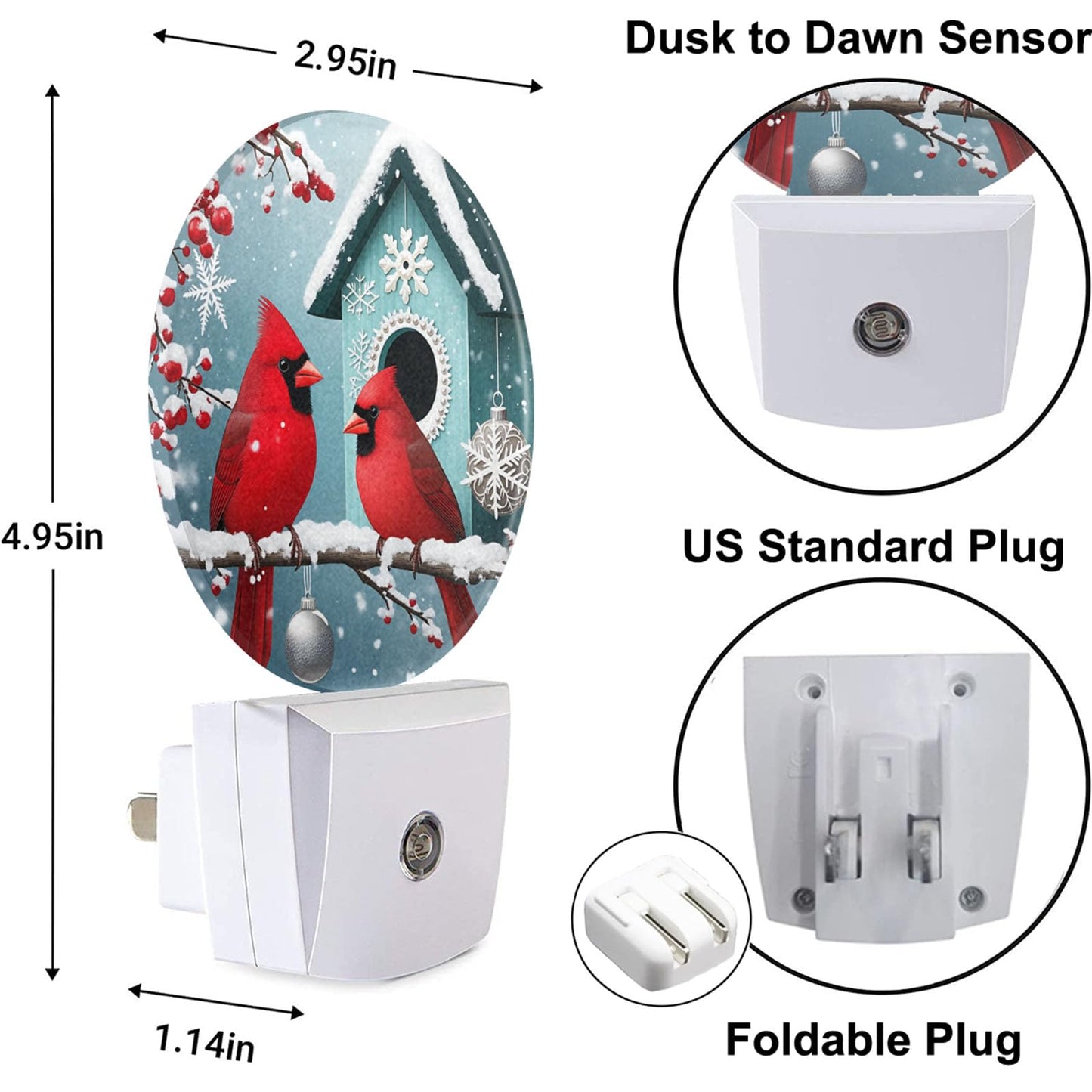Uanvaha Bird Cardinal Night Light Snowy Tree Red Birds on Branch Winter Plug-in Nightlight Energy Saving 0.5W LED Lighting for Boys Girls Men Women