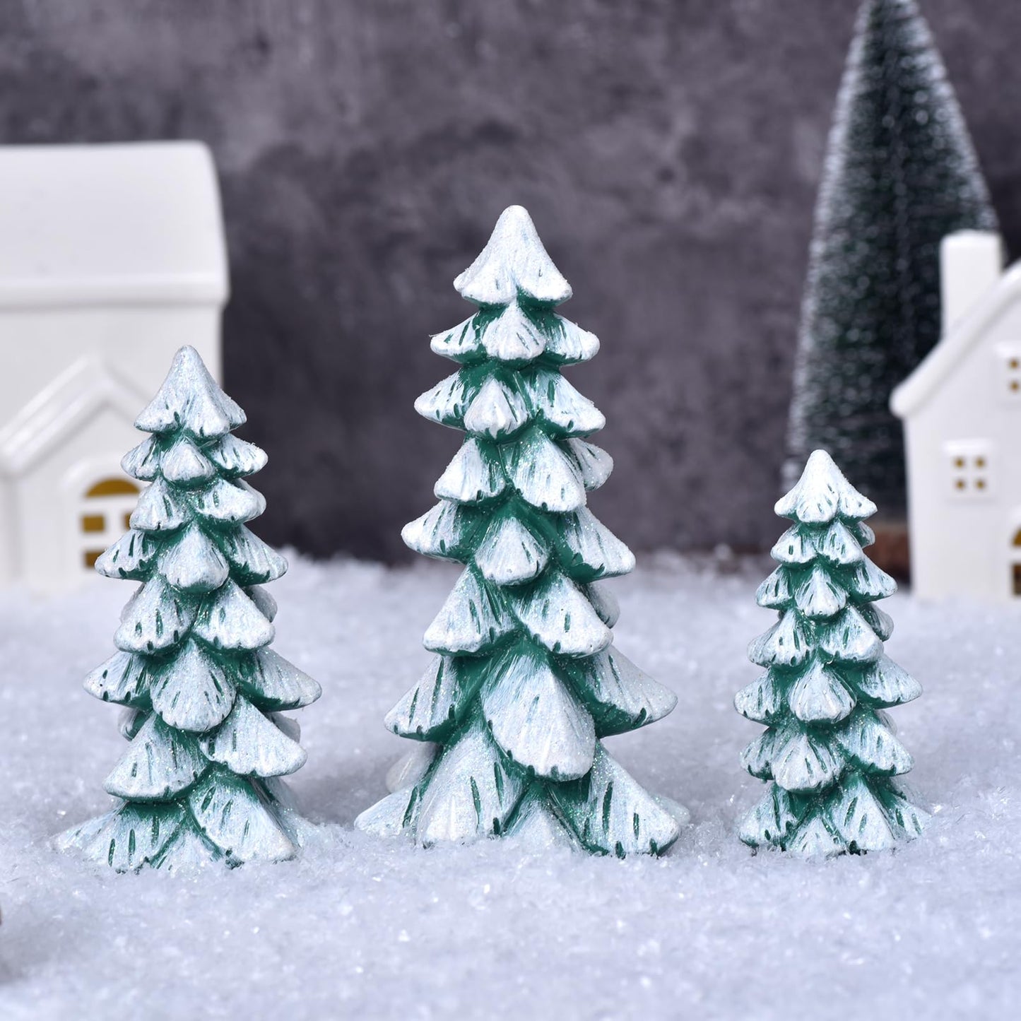 Resin Christmas Tree Figurines, 3pcs Snow-Dusted Tabletop Christmas Trees for Winter Decor, Rustic Christmas Table Decor, Holiday Table Centerpieces for Home, Shelf, Mantel (white-green)