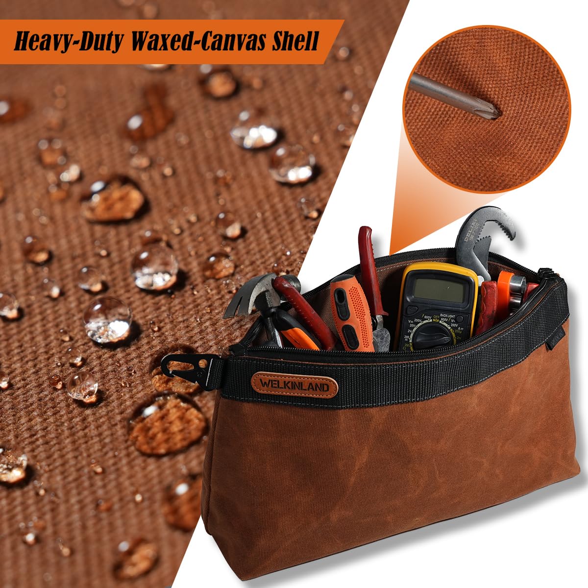 WELKINLAND 2-Pack Heavy-Duty Waxed Canvas Tool Pouches, 14-Inch Zippered Tool Organizer Pouches with Water-Resistant Coating and Durable Canvas Construction