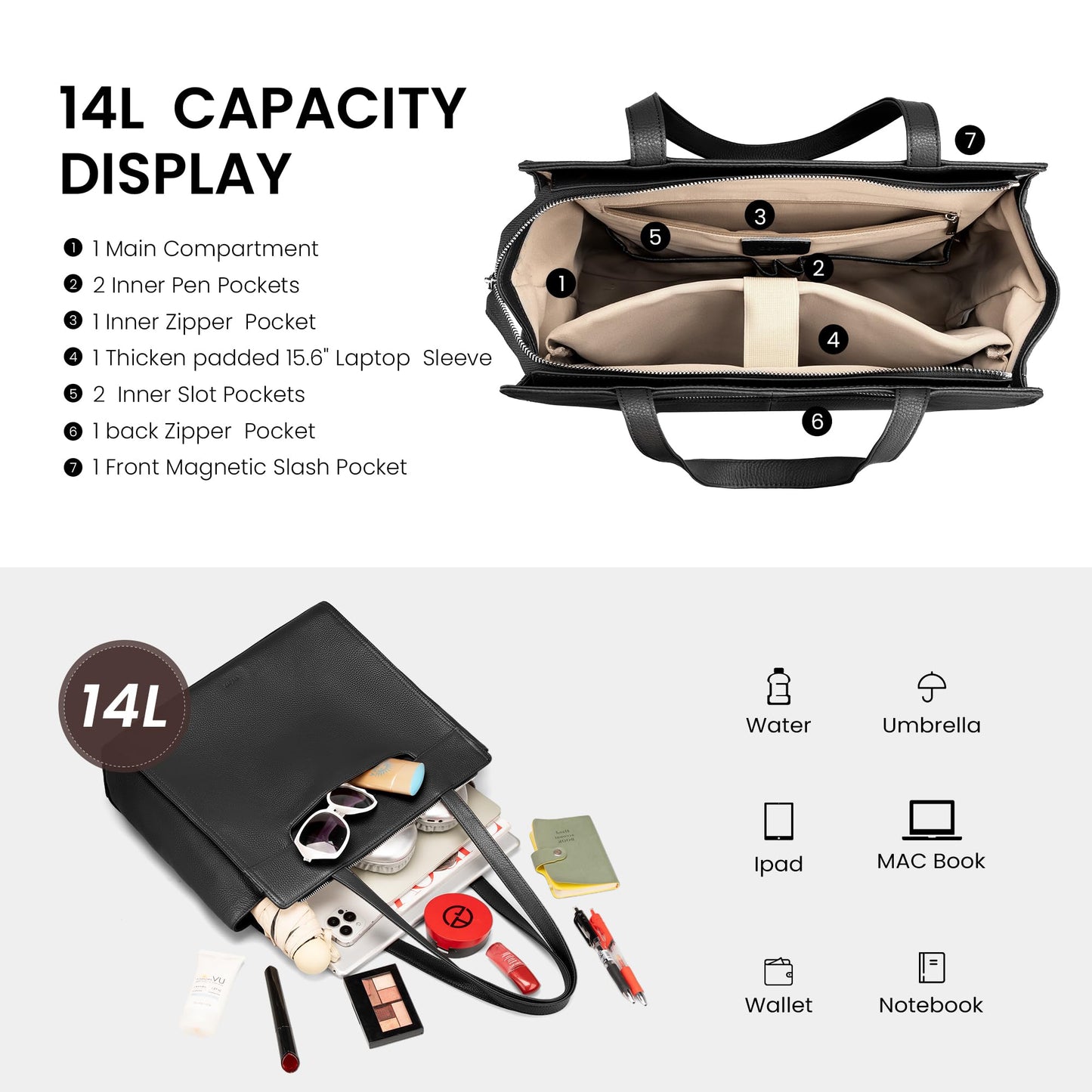 befen Genuine Leather Tote Bag for Women Work,Black Leather Tote Bag,Large Women's Zippered Shoulder Bags Purses Satchel Handbags with Top Handles Work Purse for Daily Travel