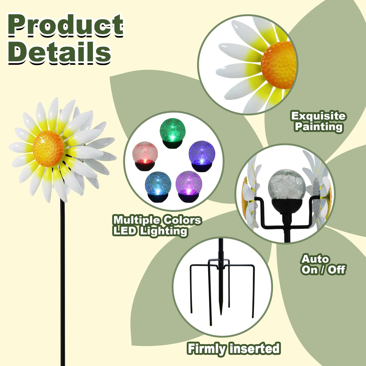 Decorative Metal Garden Daisy Wind Spinner, Decorative Garden Stakes, Daisy Wind sulpture for Yard Patio. Outdoor Yard Art. (White)