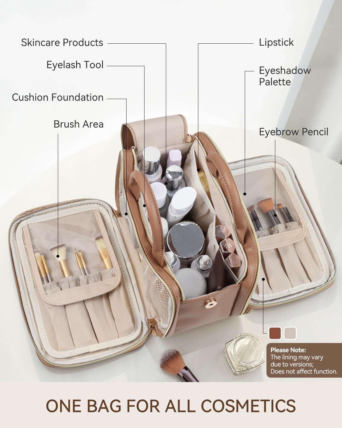 Prite Makeup Bag for Women, Large Capacity Waterproof Travel Cosmetic Organizer, Portable Open Flat Toiletry Bag with Free-standing Brush Holder and Handle(Brown Medium)