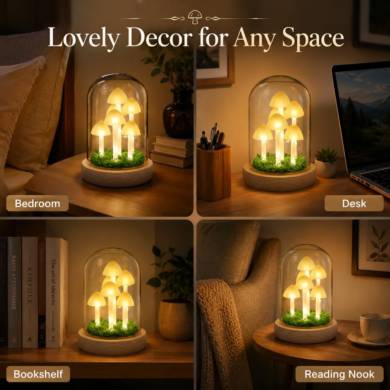 QUELIEN Mushroom Lamp in Glass Dome,Mushroom Gifts for Women - Warm White LED Night Light for Bedroom Decor,Birthday Party Decorations,Ideal Birthday Gift Valentines Gift