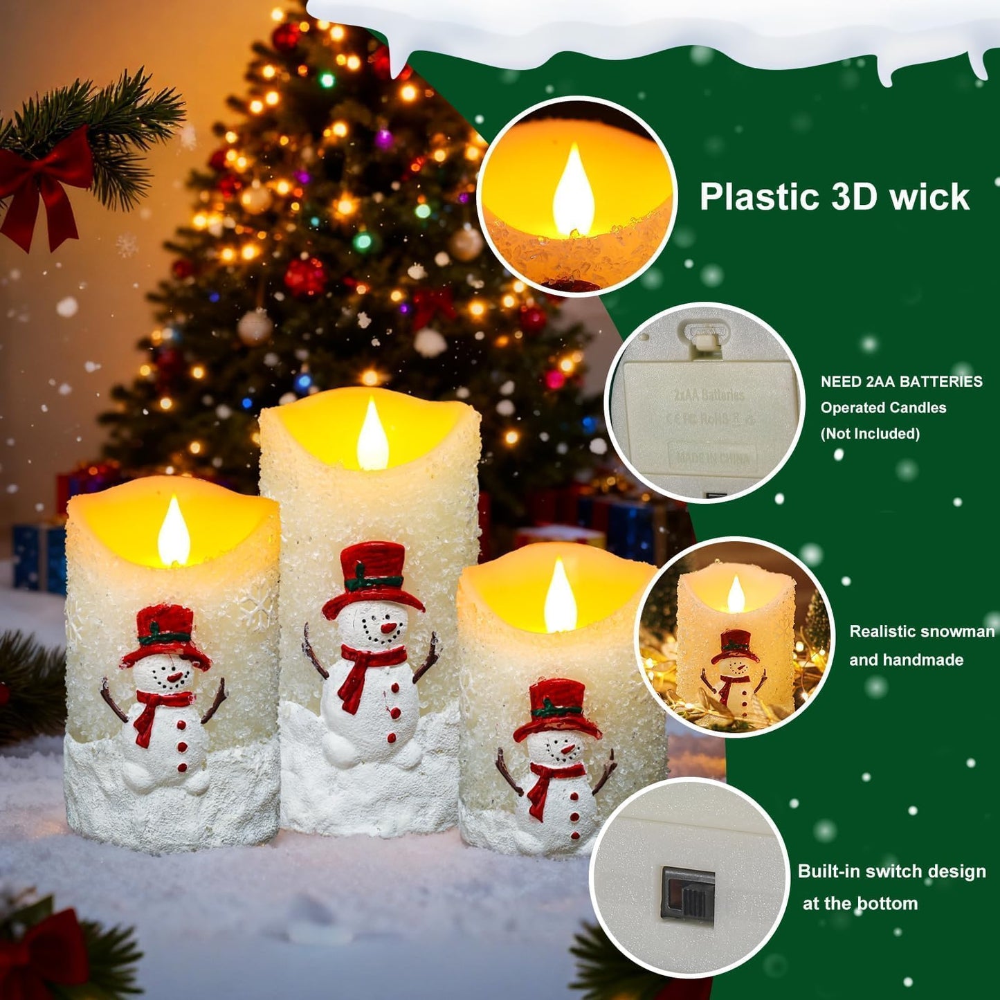 LCZLUMIPRO Snowman Flameless Candles with Remote & Timer - 3 Pcs Winter Battery Operated LED Pillar Candles, Real Wax Electric Candles in Warm White for Christmas Table, Mantel & Home Decor