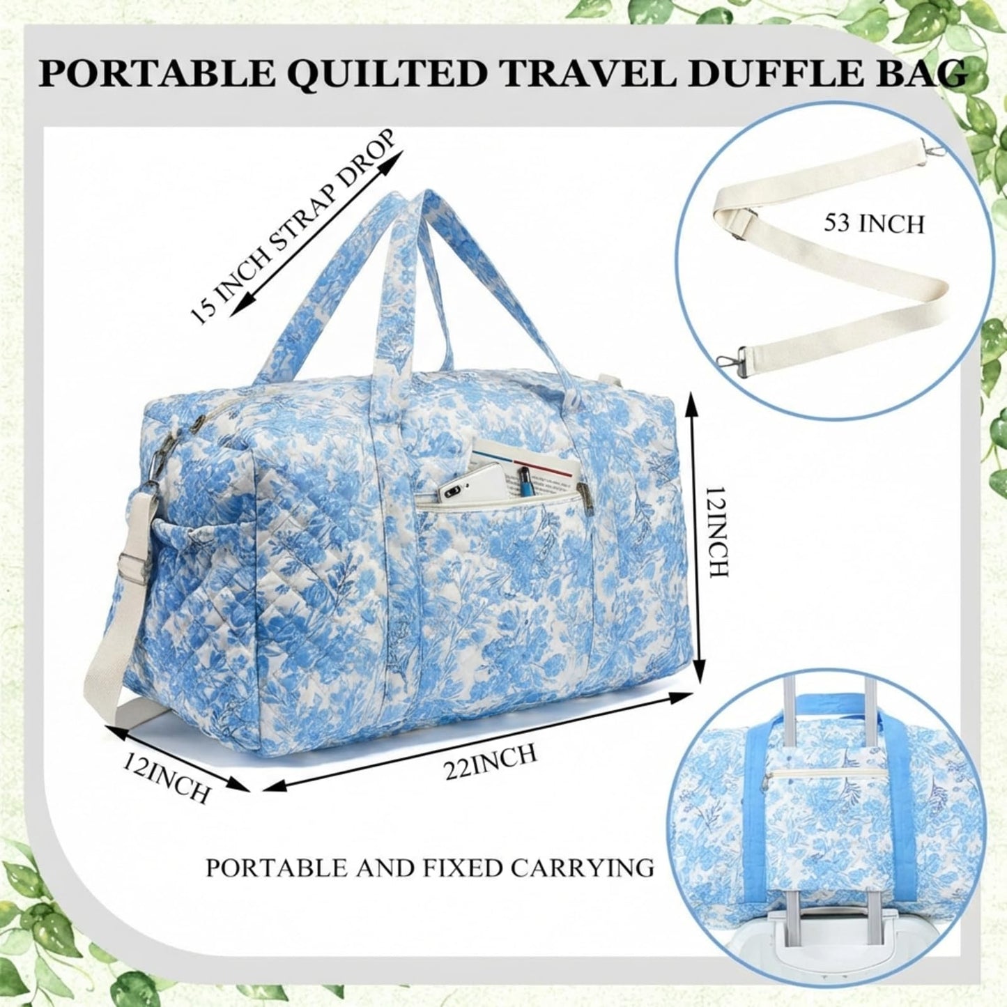 Dansydaisy Large Quilted Travel Duffle Bag for Women Floral Portable Gym Weekender Bag with Zipper Pockets Workout Grocery Pouch Duffle Gift Pouch for Work(Blue Floral)
