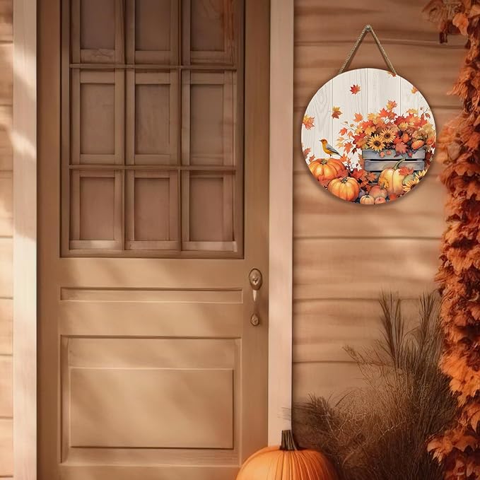 Fall Door Sign Wooden Autumn Pumpkins Door Hanger Maple Leaf Sunflowers Bird Sign for Outdoor Porch Wall Fall Harvest Hanging Decorations