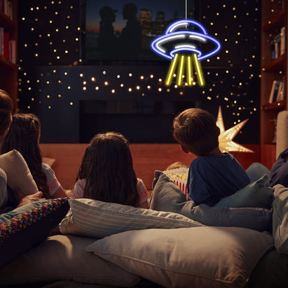LUCUNSTAR UFO Neon Sign For Room Alien LED Neon Light Spaceship Dimmable Space Neon Signs for Wall Decor Blue UFO Neon Light Up Sign for Bedroom Game Room Wall Decor Ufo Lovers