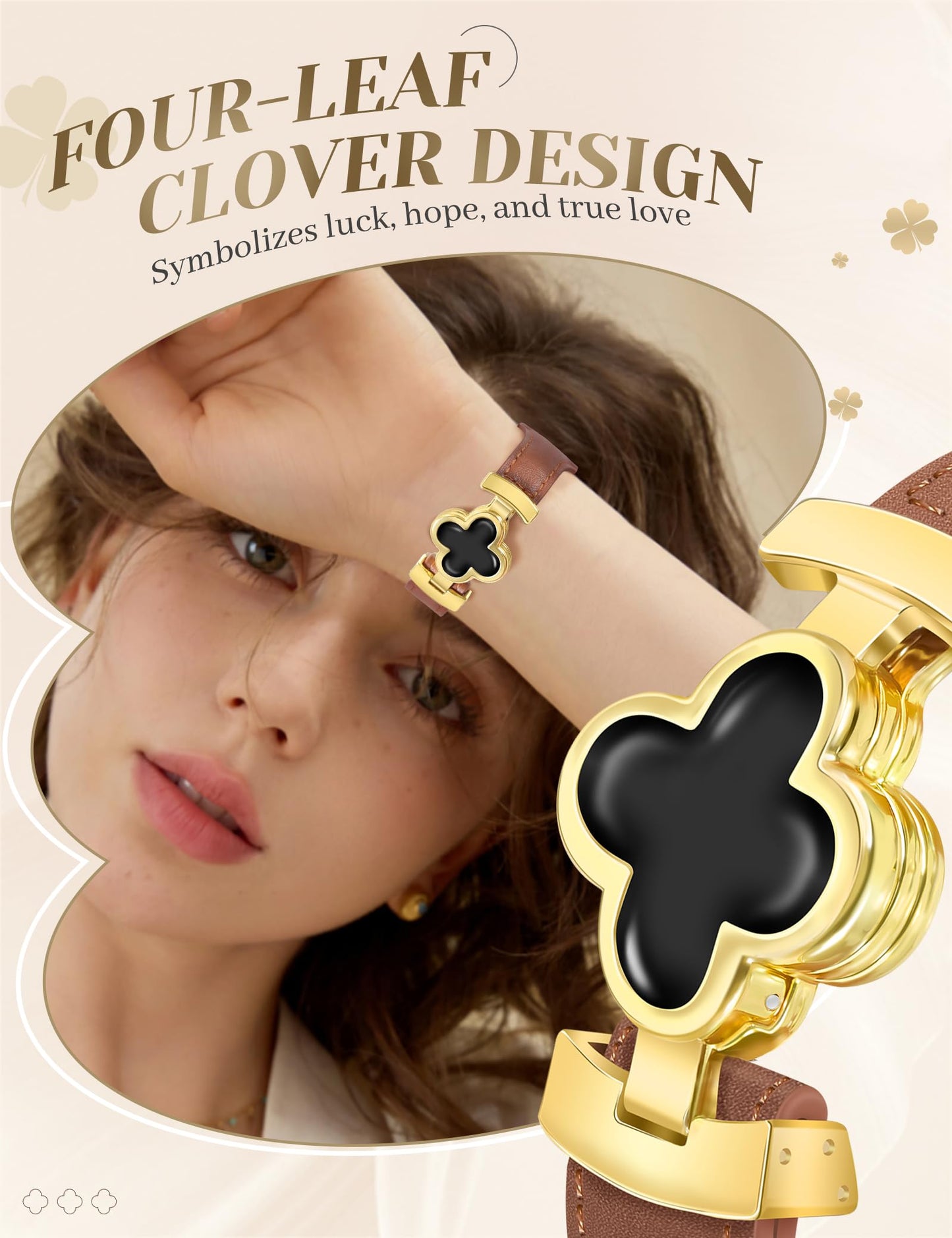 MOINSPIRE Designer Slim Leather Bands Compatible with Apple Watch 38mm 40mm 41mm 42mm(S11/10)for Women, Four-Leaf Clover Cute Dressy Magnetic Watch Bands for iwatch Series Ultra/SE11/9/8/7/6/5/4/3/2/1