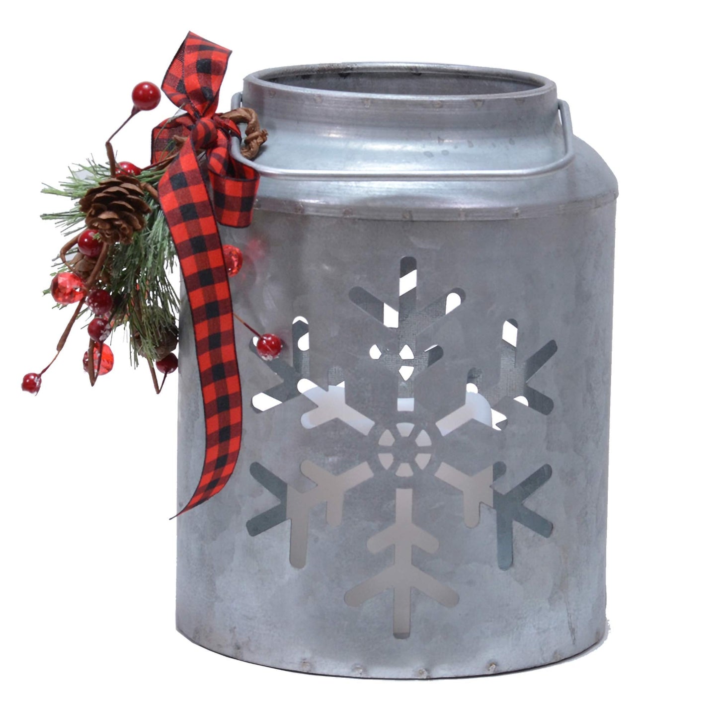 Snowflake Silver Tone 7 x 5 Galvanized Iron Holiday LED Pillar Candle Lantern
