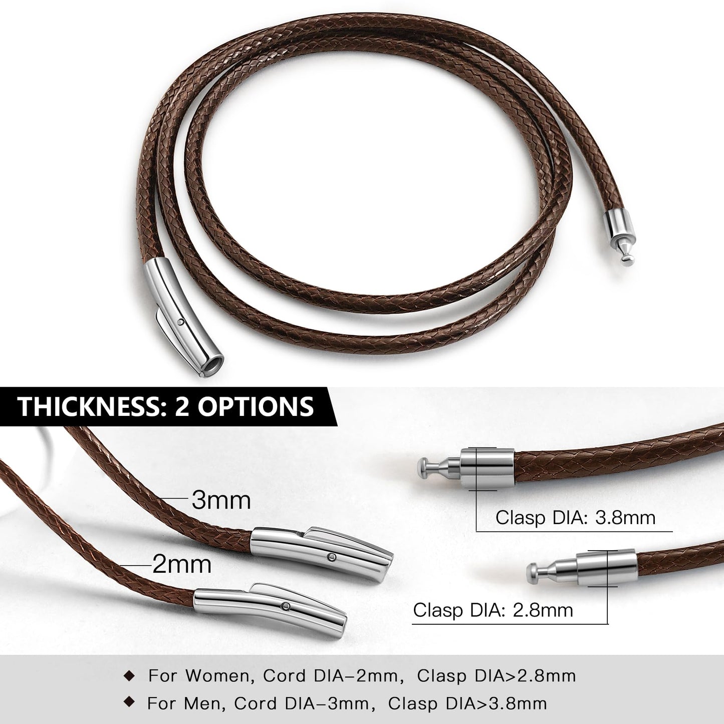 Oaldilee Mens Brown String Necklace Cord Leather Chain 3mm 22 Inch Braided Rope Jewellery Mens Waterproof Chain with Stainless Steel Clasp