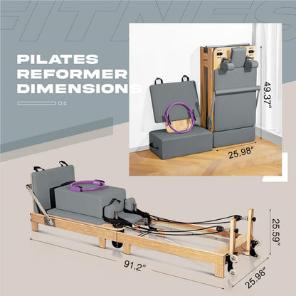 LeisureKing Pilates Reformer Machine PRO, Studio Grade Pilates Equipment for Home Workout with 5 Springs and Microfiber Leather, Oak Wood Foldable Pilates Reformer with Reformer Accessories, Gray