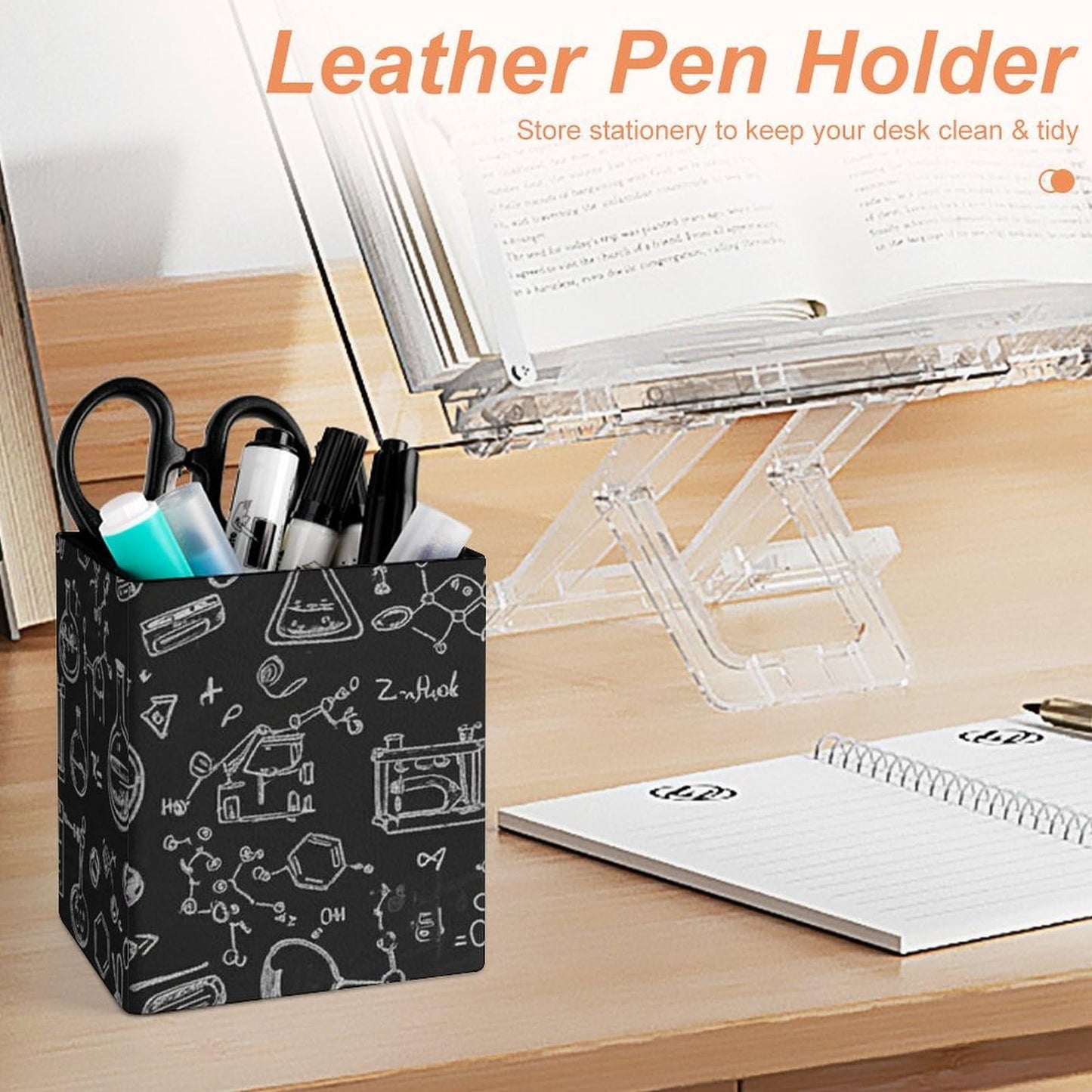 UTRSIFB Pen Holder Square Leather Pencil, Holder Cup Makeup Brush Storage Organizer, Waterproof Multifunctional Office Supplies Chemistry Formula
