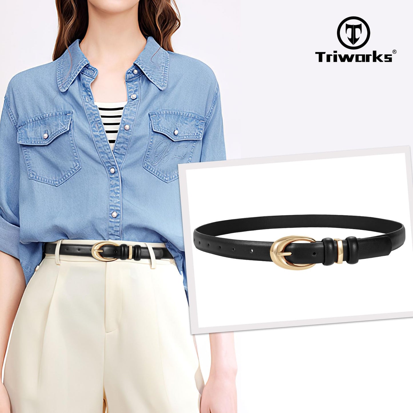TRIWORKS 3 Pack Women Leather Belt for Jeans Pants Fashion Ladies Faux Leather Belt with Gold Buckle