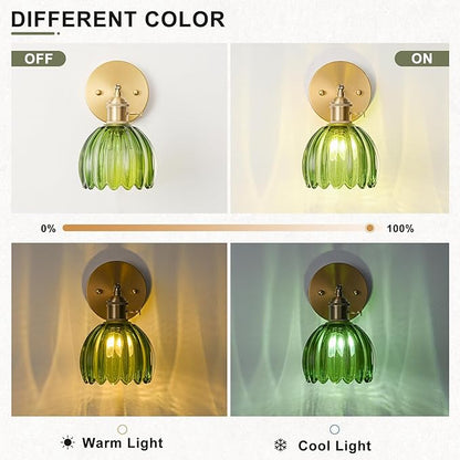 Hardwired Wall Sconce Light, Vintage Wall Sconce with Switch, Gold Wall Light Fixture with Tulip Green Glass Lampshade, Indoor Wall Light for Bedroom Bathroom, Bedside Wall Lamp