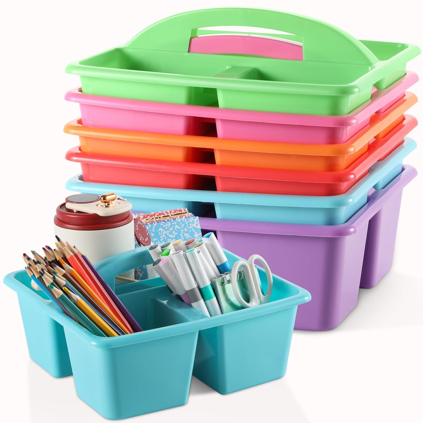6 Pack 3 Compartment Small Caddy Plastic Classroom Organizer with Handle Portable Teacher Supply Storage Caddy Craft Art Caddies for Pencil, Crayon, Marker, Home, Office, School Supplies(Classic)