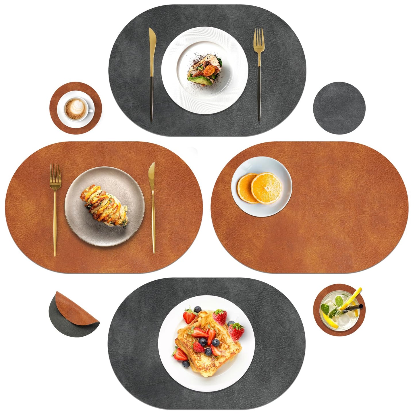 Pixieora Oval Placemats and Coasters Set of 6, Washable Reversible Faux Leather Placemats Cowhide Pattern Place Mats Wipeable Non-Slip 12 x 17 inch Kitchen Dining Table Mats (Gray Brown, 6)