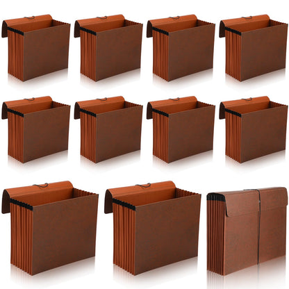 PerKoop 10 Pcs Expanding File Folder with Flap 7 Inch Expansion Expanding File Wallet with Elastic Cord Closure Letter Size Heavy Duty Document Organizer, 10 Slots, Brown