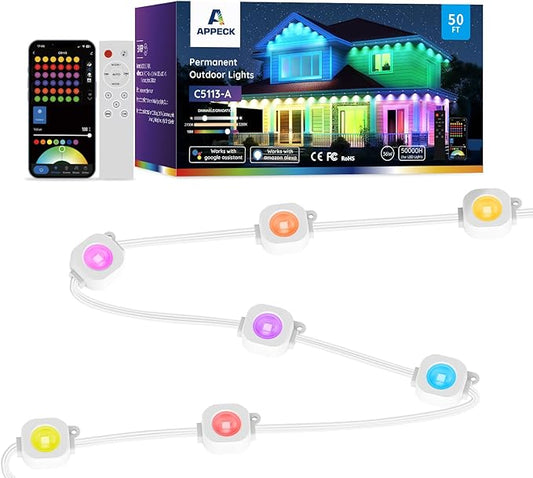 APPECK Permanent Outdoor Lights 50ft,RGBW Eaves Light with 36 LED Lights,111+ Scenes Modes Outdoor Lighting, Waterproof Permanent Light for Daily Holiday Halloween Decorations, Works with Alexa,White