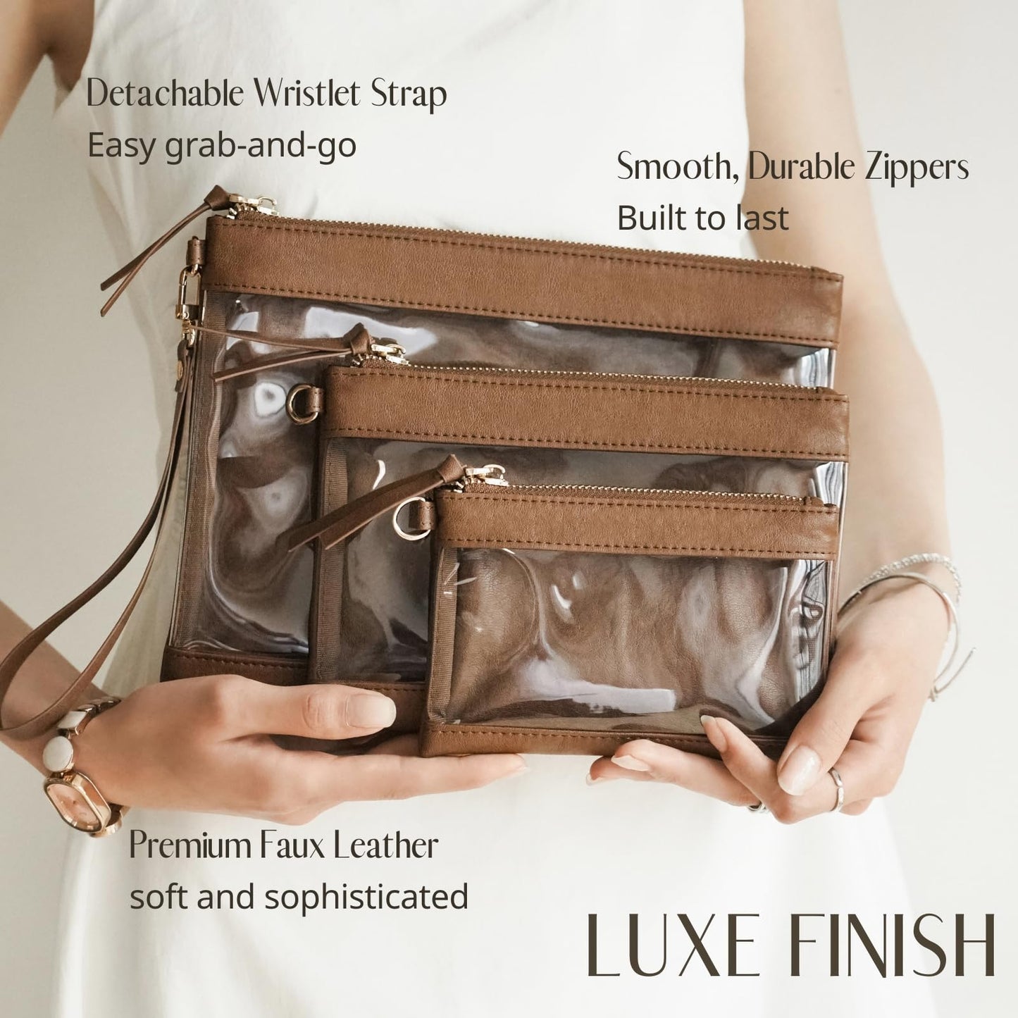 Popvibe Clear Makeup Bag with Zipper Travel Pouch Organizer Bag for Purse Cosmetic Bag Women Clear Travel Bag for Toiletry Traveling Car Essential Make Up Bag Set 3 Pack Brown