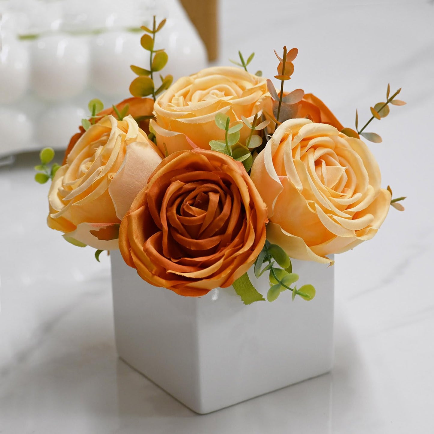 LADADA Artificial Roses in White Ceramic Vase, Faux Silk Flowers with Eucalyptus, Fake Floral Centerpiece for Home Wedding Party Table Decor