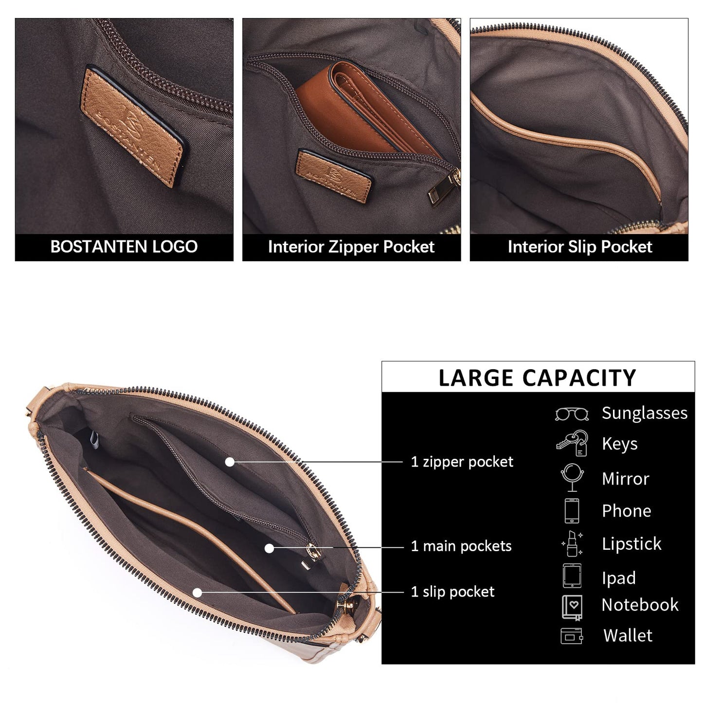 BOSTANTEN Crossbody Bags for Women Trendy Vegan Leather Hobo Purses Shoulder Handbags With Wide Shoulder Strap Camel Brown