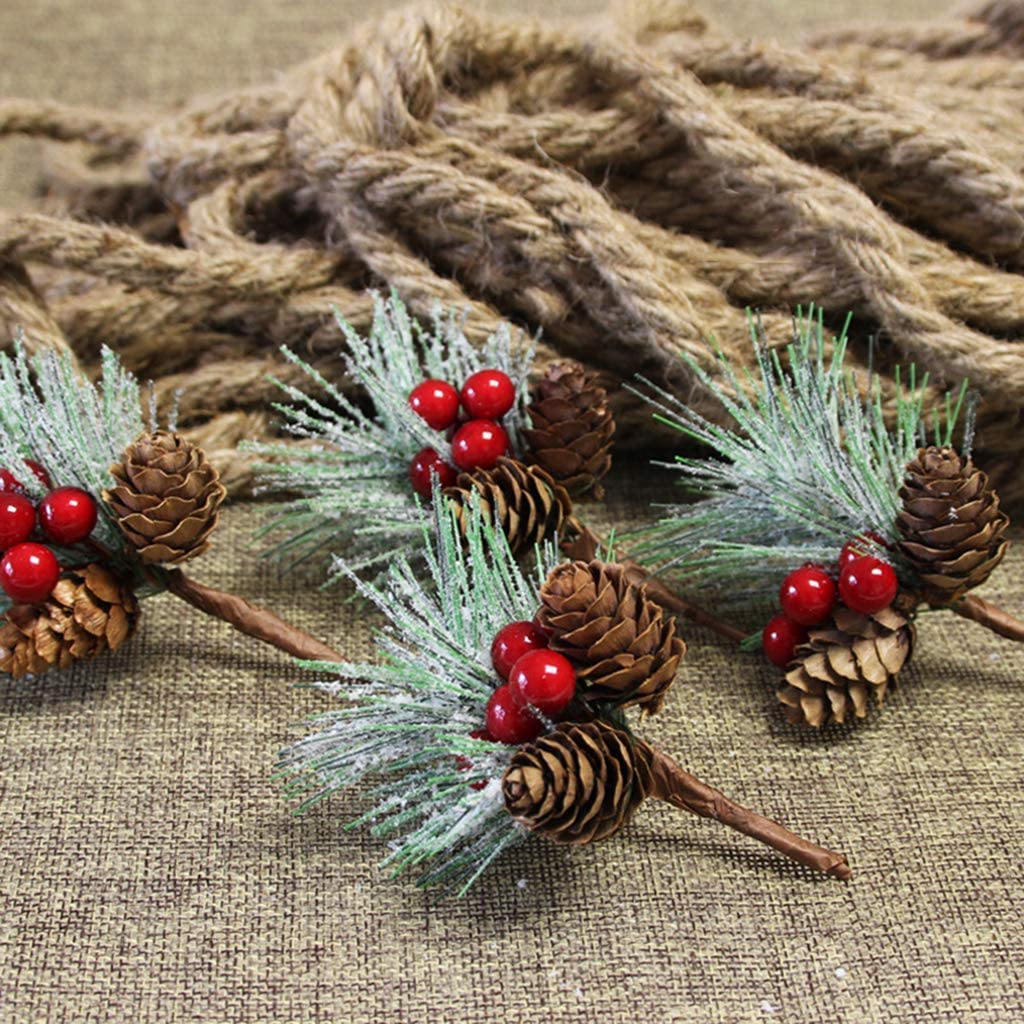 Ayuanb 20 Pcs Artificial Pine Picks, Christmas Cone Picks Red Berry Stems, Green Pine Needles Evergreen Branches for Christmas Floral Arrangement Wreath Crafts Holiday Xmas Tree Decorations
