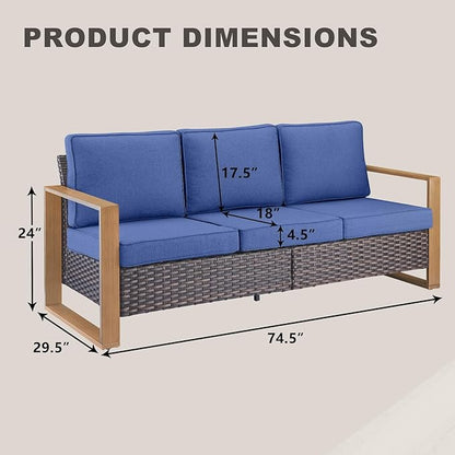Rilyson Outdoor Couch Wicker Patio Sofa, Rattan Patio Furniture Sofa with Sturdy Frame,All-Weather PE Wicker,Wide Armrest,Deep Seating and Thick Cushions for Deck Porch Garden(Brown/Blue)