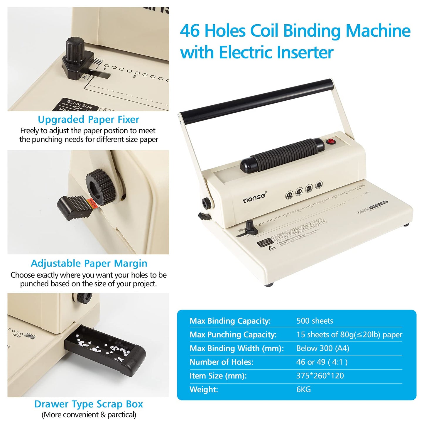 TIANSE Coil Binding Machine, Electric Coil Inserter, Manual Round Hole Punch, 15 Sheets Punch Capacity, Perfect for Letter Size / A4 / A5, Comes with 100pcs 5/16'' Plastic Coil Binding Spines & Plier
