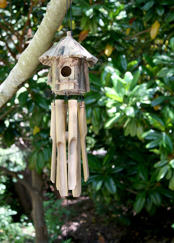 Wind Chime Bird Handcrafted Wooden Bamboo Driftwood Bird House Outdoor Garden Decor Unique Gift Idea