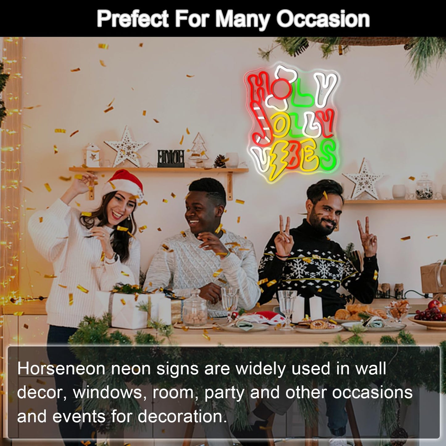 Horseneon Holy Jolly Vibes Neon Sign, Merry Christmas Neon Sign for Wall Decor, USB Powered LED Sign for Christmas Party, Home, Bedroom, Living Room, Bar