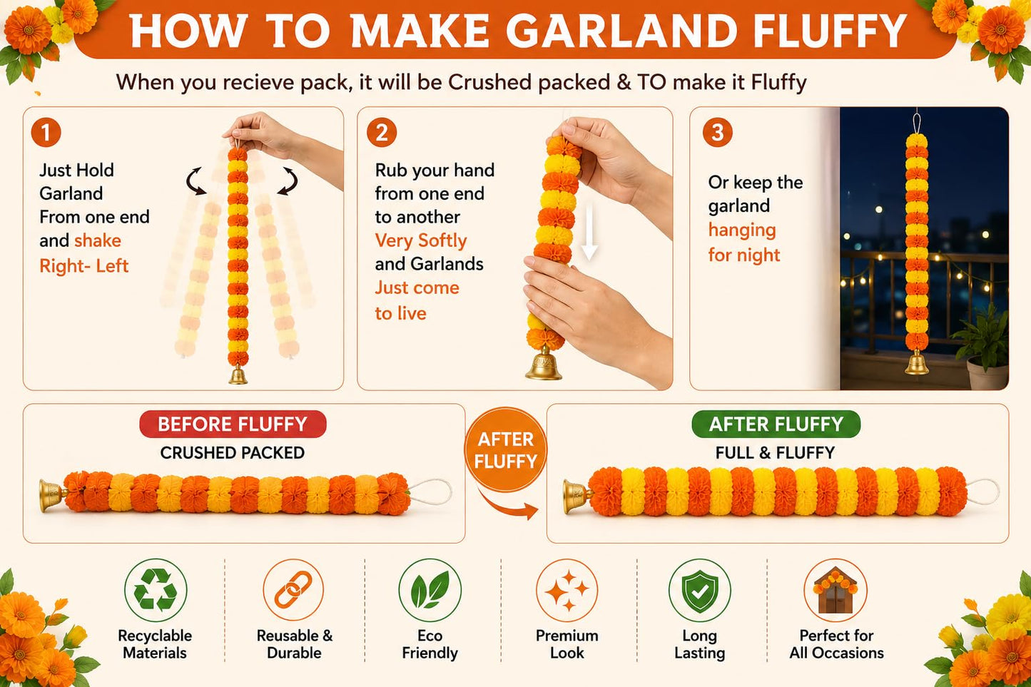 Arts Of India Handmade Artificial Marigold Flowers Garland for Decoration Door Toran Genda Phool for Diwali Wedding/Festivals with Bells Pack of 5