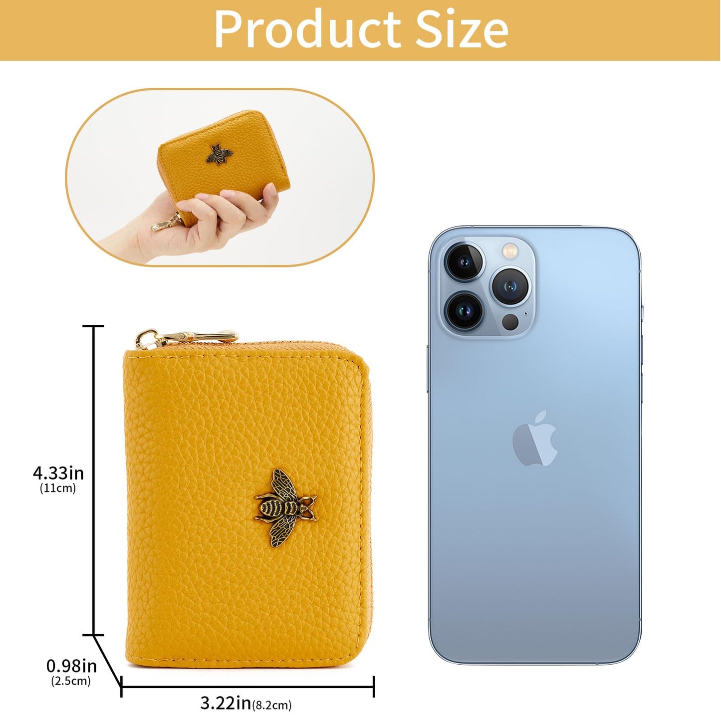 WOZEAH Leather Credit Card Holder for Women Wallet RFID Blocking Zipper Wallet Card Case Business（Yellow）