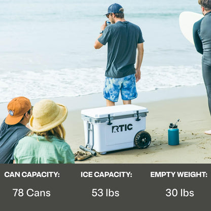 RTIC 52 Quart Ultra-Light Wheeled Hard Cooler Insulated Portable Ice Chest Box for Beach, Drink, Beverage, Camping, Picnic, Fishing, Boat, Barbecue, 30% Lighter Than Rotomolded, Dark Grey & Cool Grey