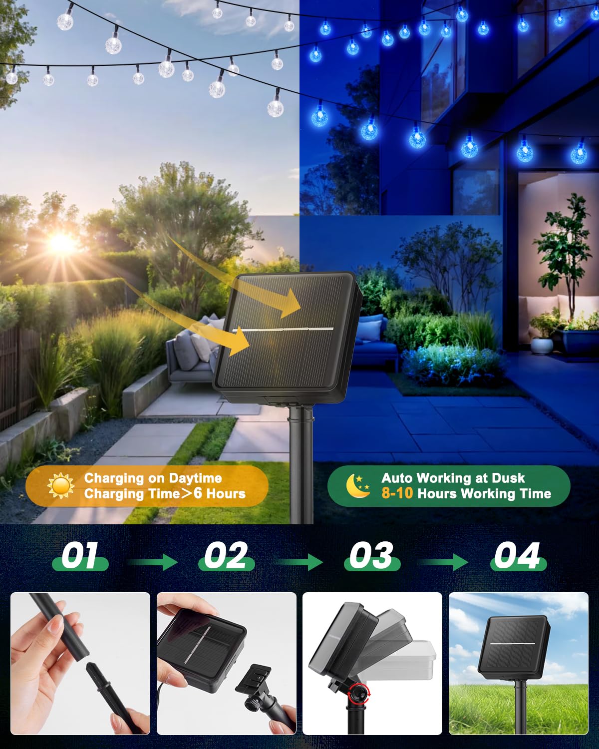 Brightown Solar String Lights Outdoor 60 Led 35.6 Feet Waterproof Solar Powered Patio Lights with 8 Lighting Modes for Garden Yard Porch Wedding Party Decor Halloween (Blue)