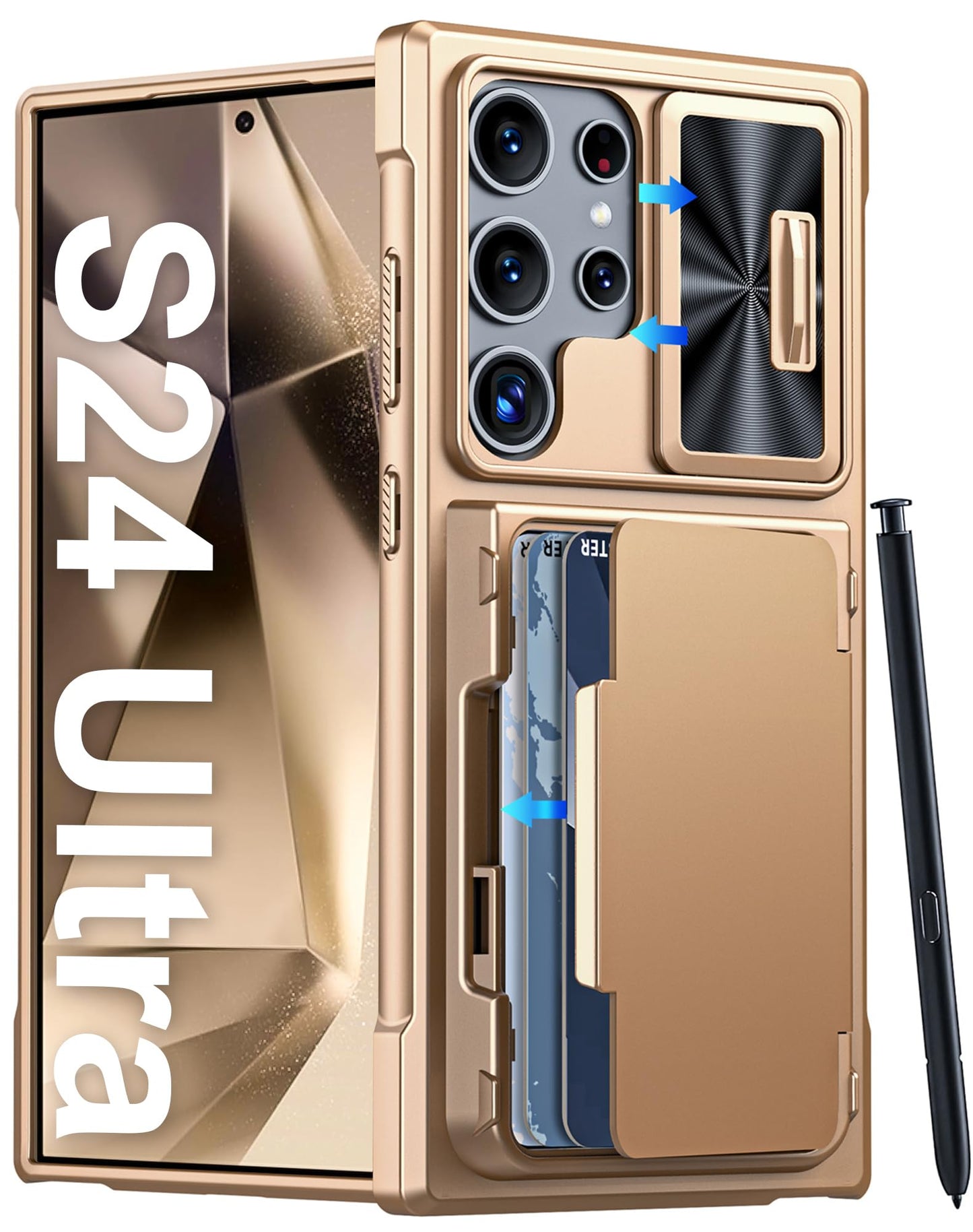 Vizvera for Samsung Galaxy S24 Ultra Case Wallet, RFlD Cards Holder & Camera Cover & Kickstand for Women Men, Full Body Rugged Shockproof Silicone Case for S24 Ultra 6.8" 2024 Only-Champagne Gold