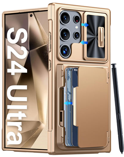 Vizvera for Samsung Galaxy S24 Ultra Case Wallet, RFlD Cards Holder & Camera Cover & Kickstand for Women Men, Full Body Rugged Shockproof Silicone Case for S24 Ultra 6.8" 2024 Only-Champagne Gold