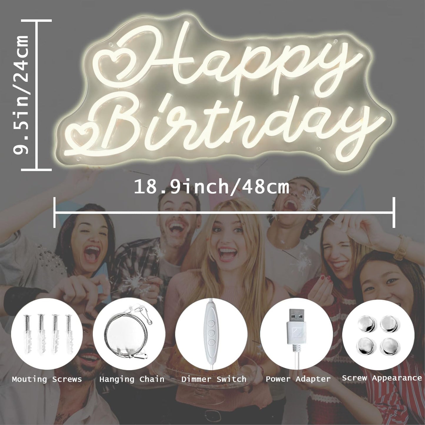 Happy Birthday Neon Sign for Wall Decor ¡Feliz Cumpleaños LED Neon Sign Light up Sign with USB Chain Light modulator, Reusable Art Decorations Larger Bedroom Bar Home 18.9"x9.51" (warm white)