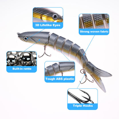 BULUSEL Fishing Lures, Multi-Jointed Segments Swimbait, Bass Lures, Baits,Swimbait, Slow Sinking Lure, Triple Hooks(#6)