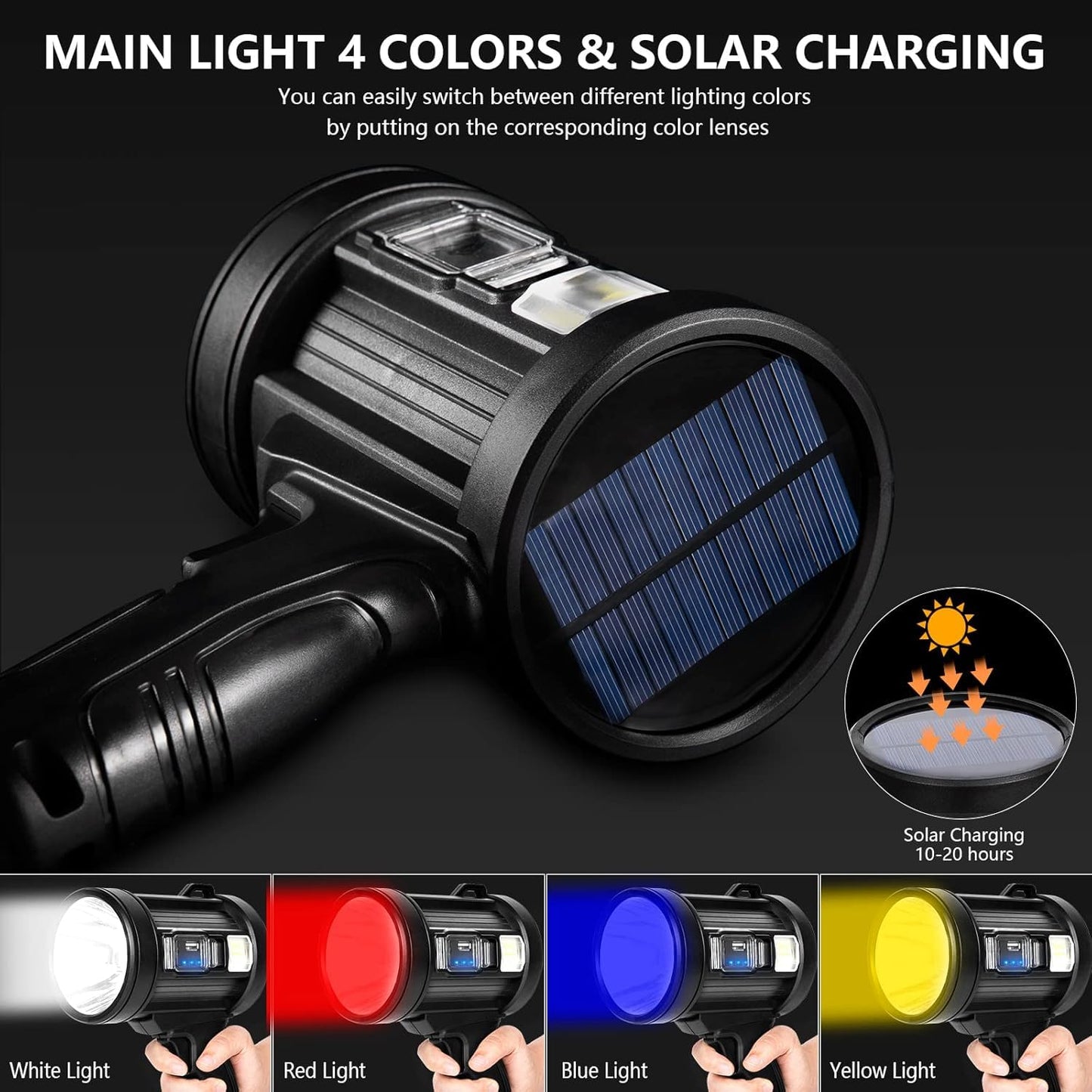 MIXILIN Rechargeable Spotlight, 90,000 Lumens Handheld Hunting Flashlight Led Spot Light with Cob Light and Solar Panels, Lightweight and Super Bright Spotlight for Hunting Boating Camping
