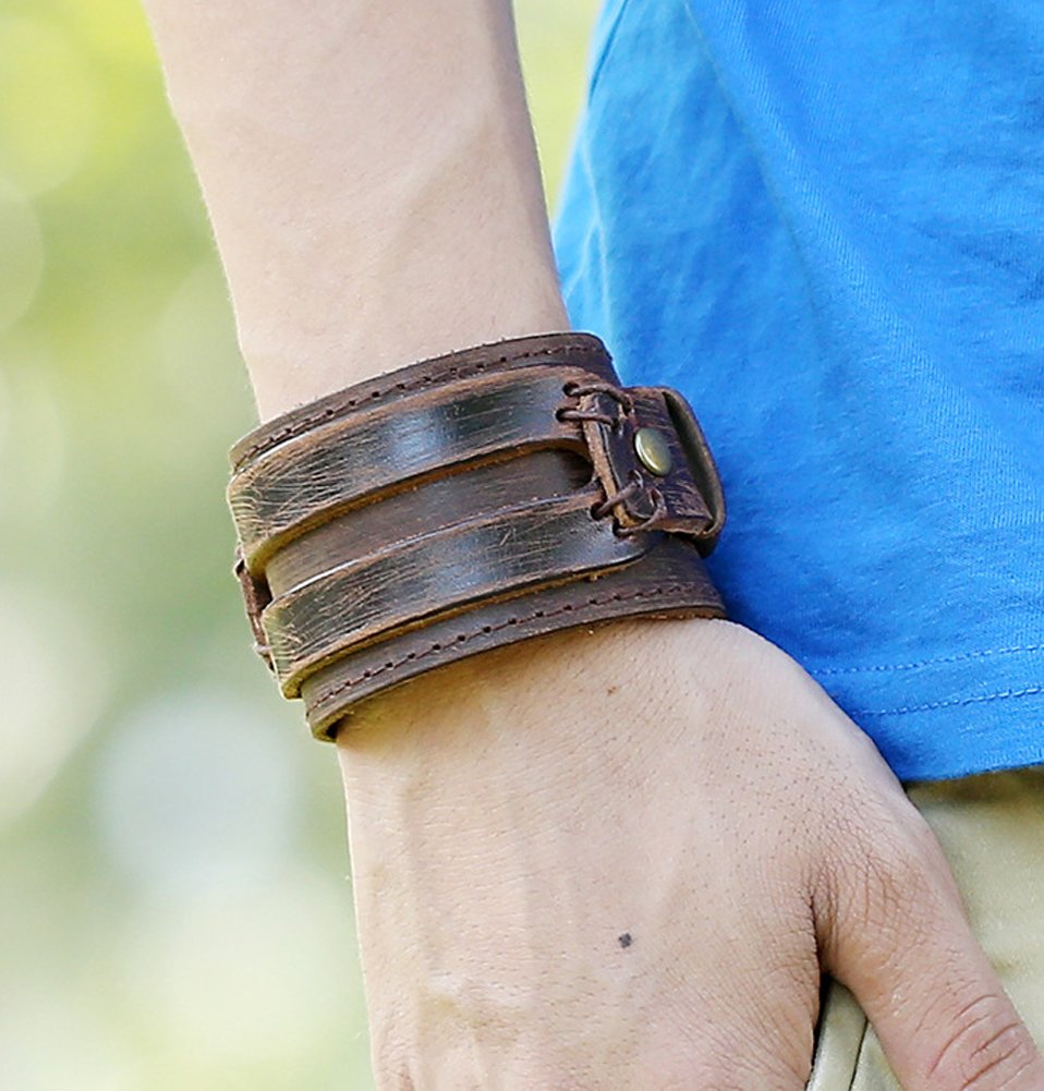 Hamoery Men Leather Bracelet Punk Braided Rope Alloy Bracelet Bangle Wristband