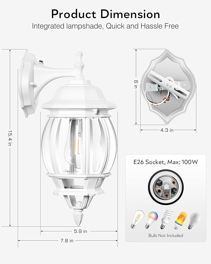 VIANIS Outdoor Light Fixtures Wall Mount for House, White Exterior Wall Sconce Lanterns Lights for Porch, Modern Dusk to Dawn Outdoor Garage Lighting for Front Door with Tempered Glass, Anti-Rust
