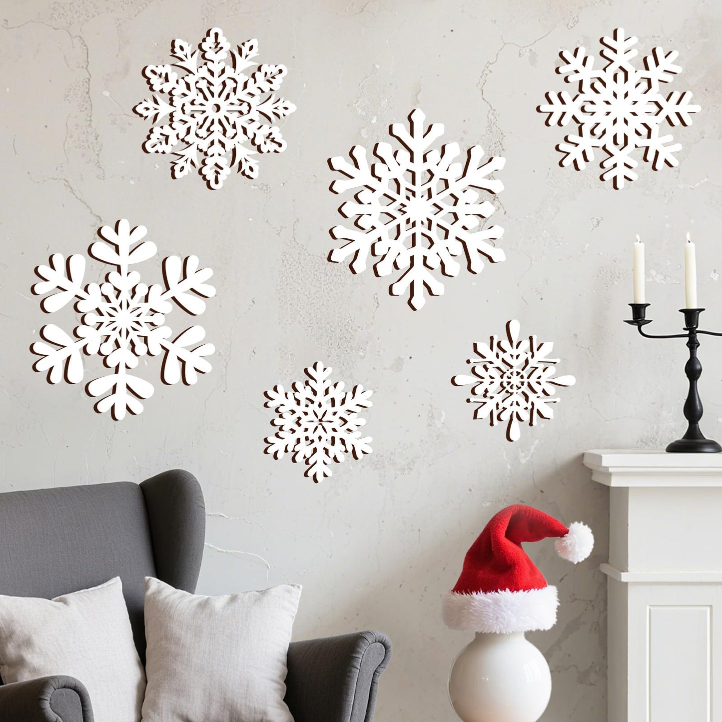 Whaline 6 Pcs Christmas Snowflake Wooden Wall Decor White Snowflake Shaped Wood Wall Art Sign with Hook for Home Farmhouse Xmas Winter Hanging Ornament