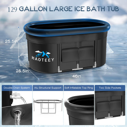 129 Gal Large Oval Ice Bath Tub with Air Ring, Cold Plunge Tub for Cold Water Therapy Exercise Recovery, Alu Support Portable Bathtub for Home, Gyms, Indoor, Outdoor